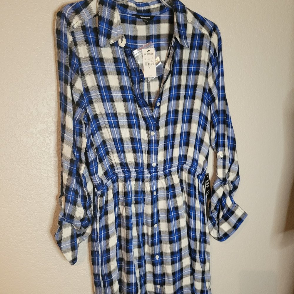 Express Blue & White Plaid Shirt Dress